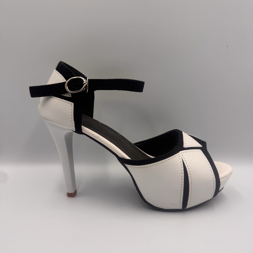 White Black Synthetic Platform Stiletto Heels Peep Toe Ankle Strap Size 9